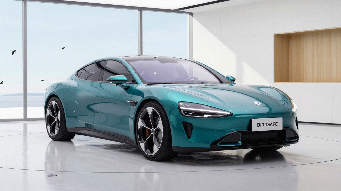 Carro desportivo elétrico verde brilhante num estúdio com janelas amplas e luz natural abundante.