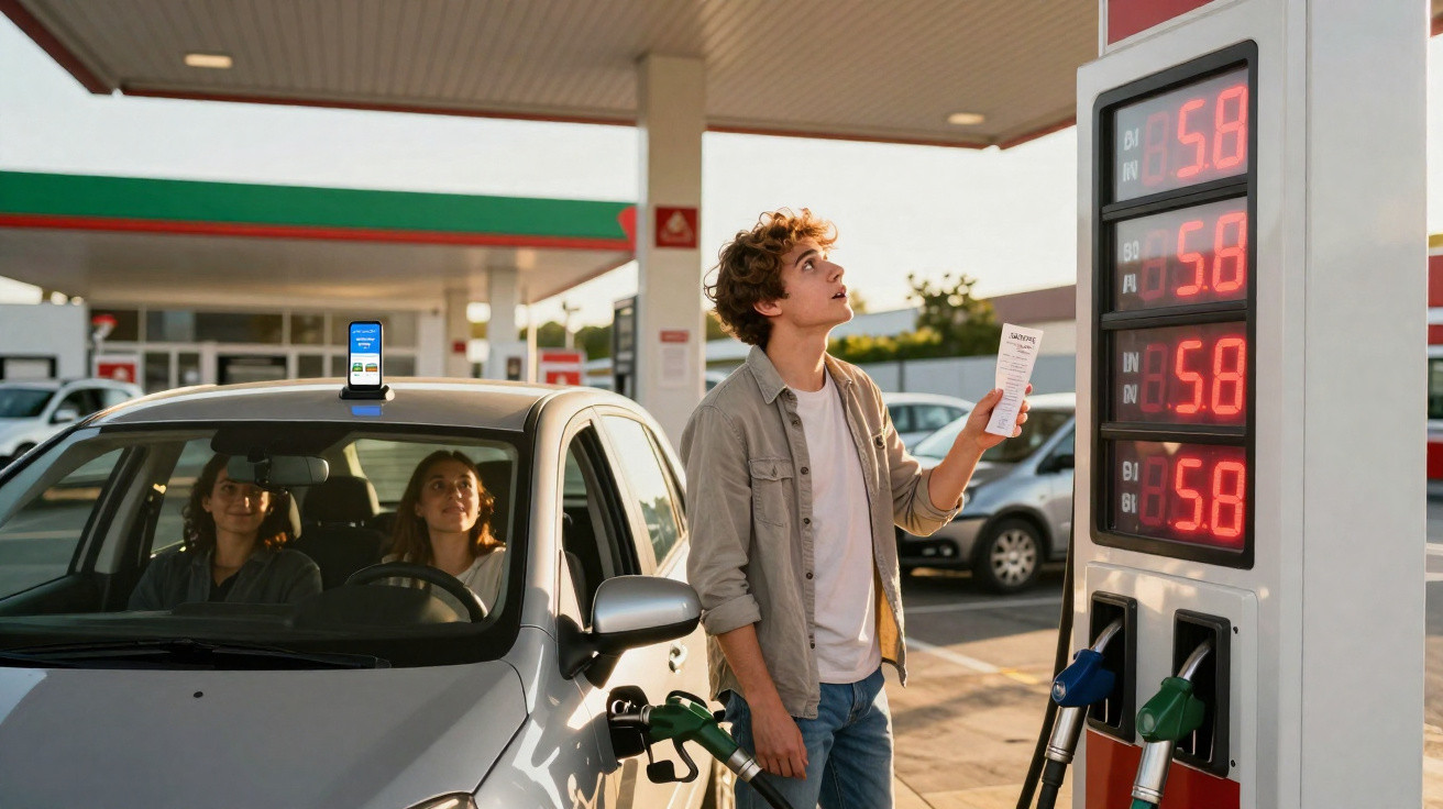 Homem consulta preço no painel eletrónico da bomba de gasolina enquanto enche o carro.