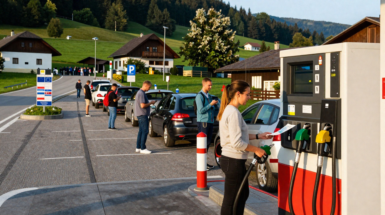 Pessoas à espera para abastecer gasolina numa estação de serviço em zona rural com casas e montanhas ao fundo.