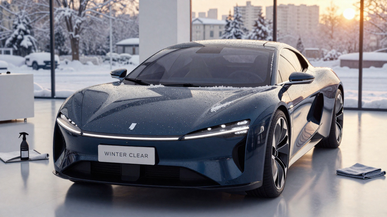 Carro desportivo elétrico azul com neve derretida numa garagem com paredes de vidro e vista para arvores cobertas de neve.