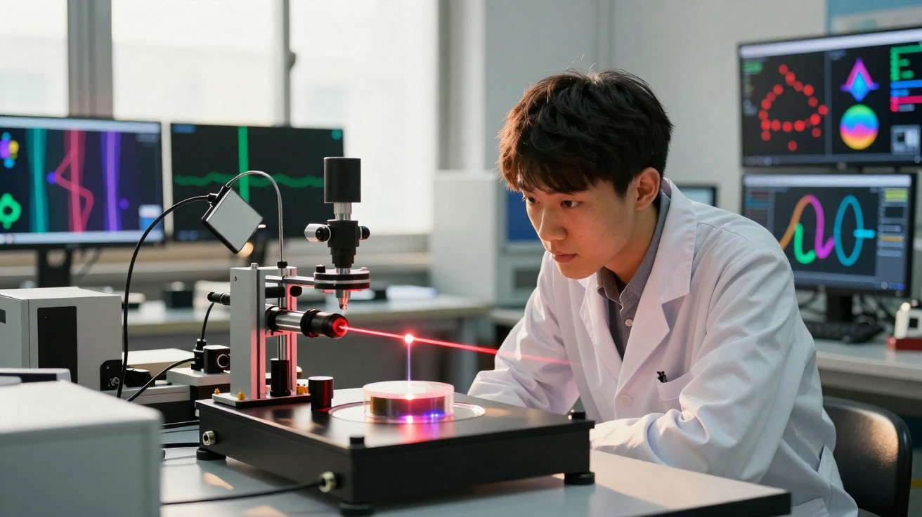Cientista em bata branca a observar equipamento laser com gráficos em ecrãs no laboratório.