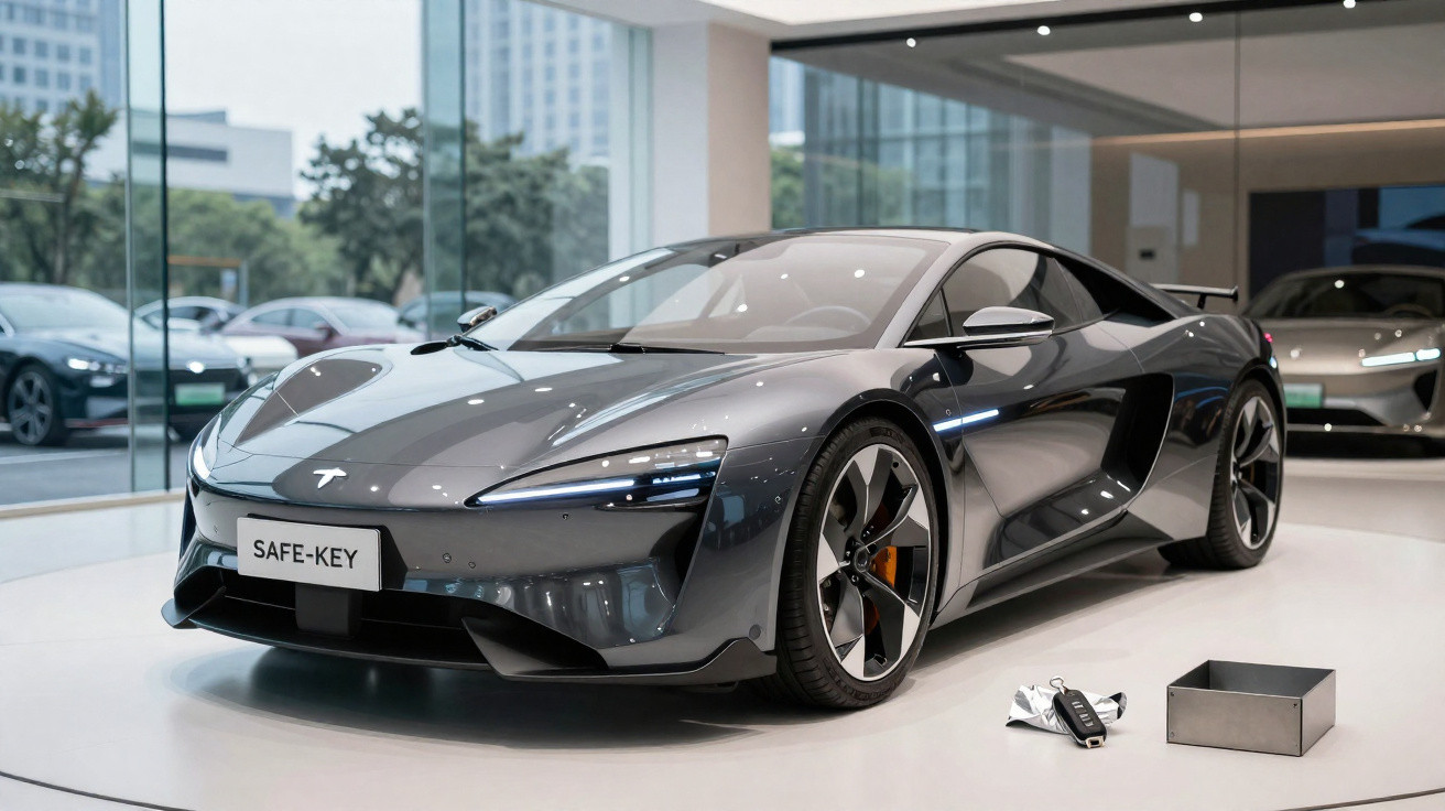 Carro desportivo elétrico cinzento brilhante numa sala de exposição com chaves e caixa na frente.