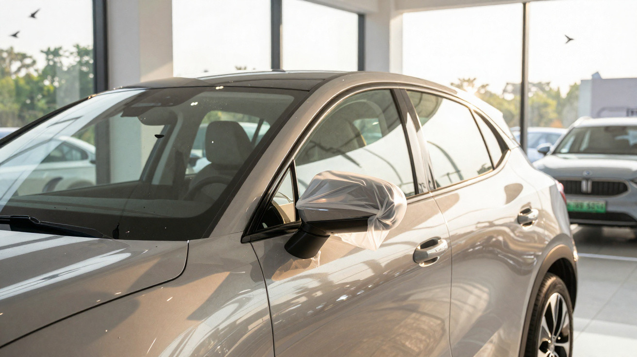 Carro cinzento novo estacionado em sala de exposição com proteção plástica no espelho lateral.