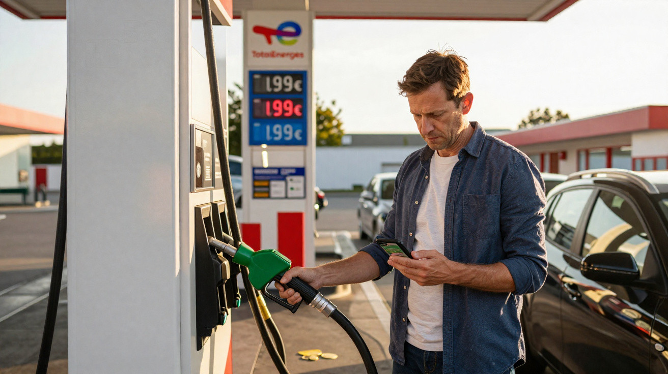 Homem com camisa azul abastece carro numa bomba de gasolina enquanto olha para o telemóvel.
