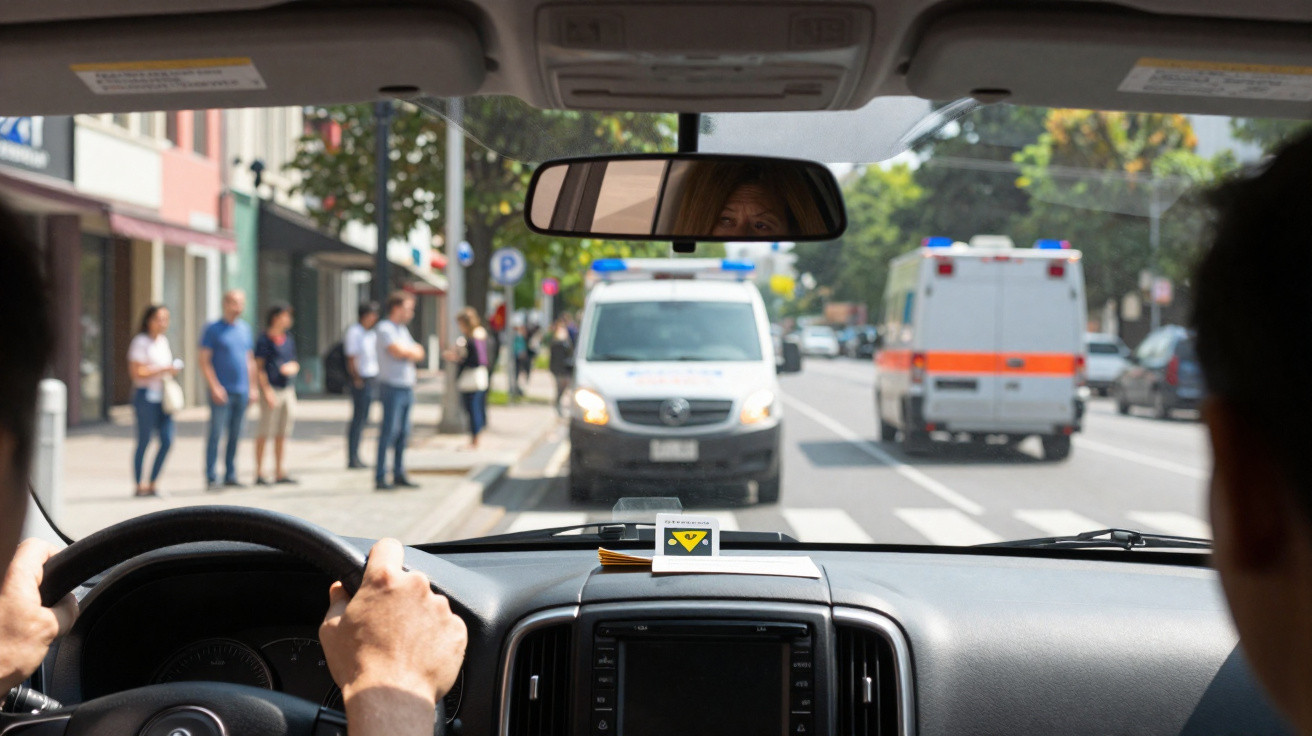 Vista interior de carro com motorista a conduzir em cidade, duas ambulâncias à frente e pessoas na calçada.