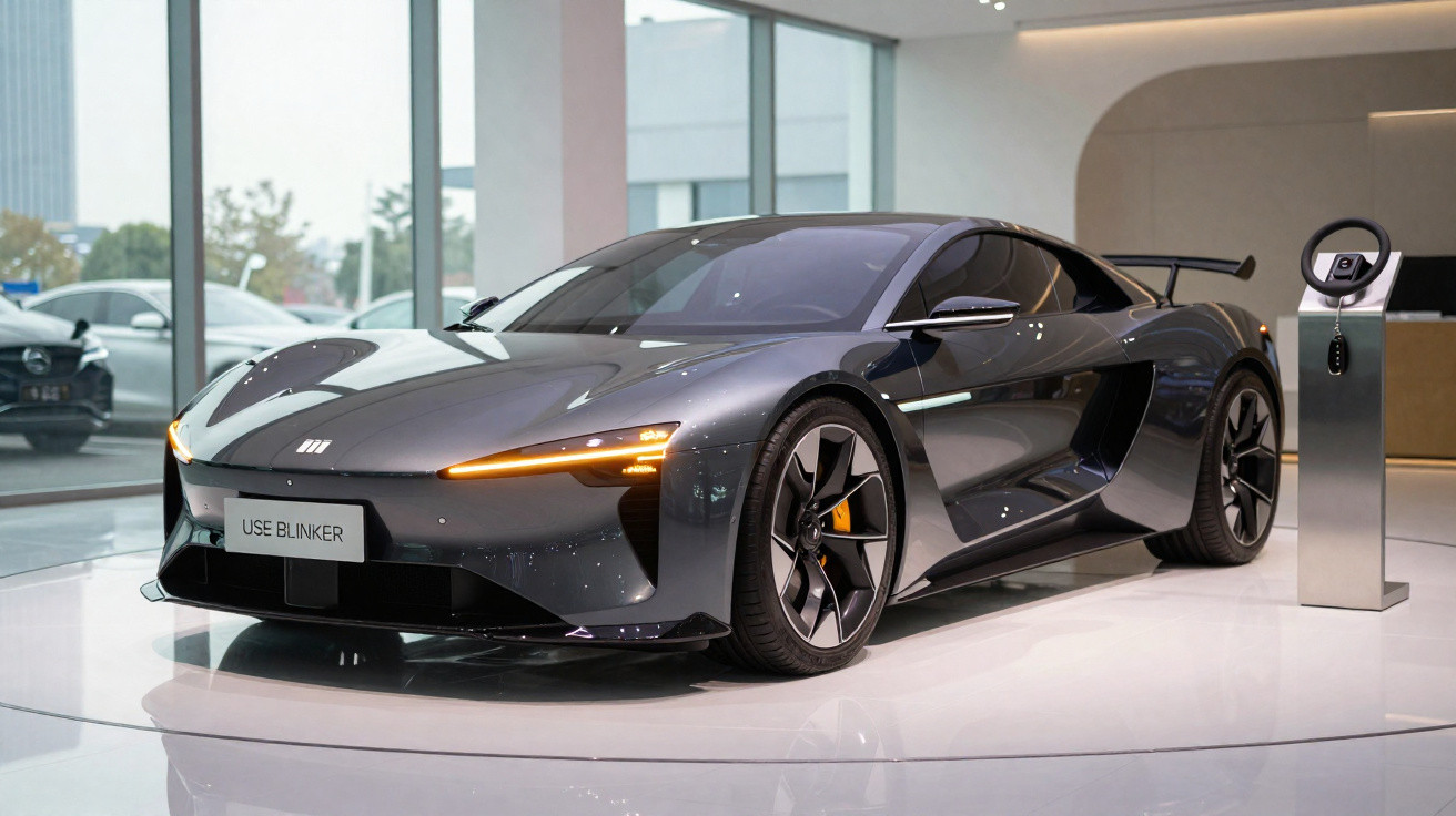 Carro desportivo elétrico cinza com luzes LED ligadas exibido num showroom moderno.