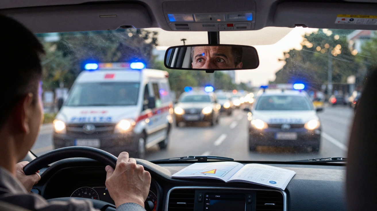 Condutor preocupado ao volante com veículos de emergência a aproximarem-se numa estrada urbana.