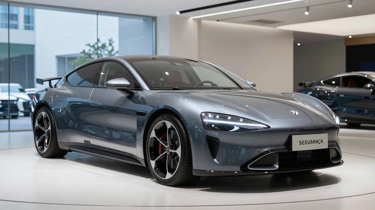Carro desportivo cinzento elétrico exposto em sala de showroom moderna com placa "Segurança".