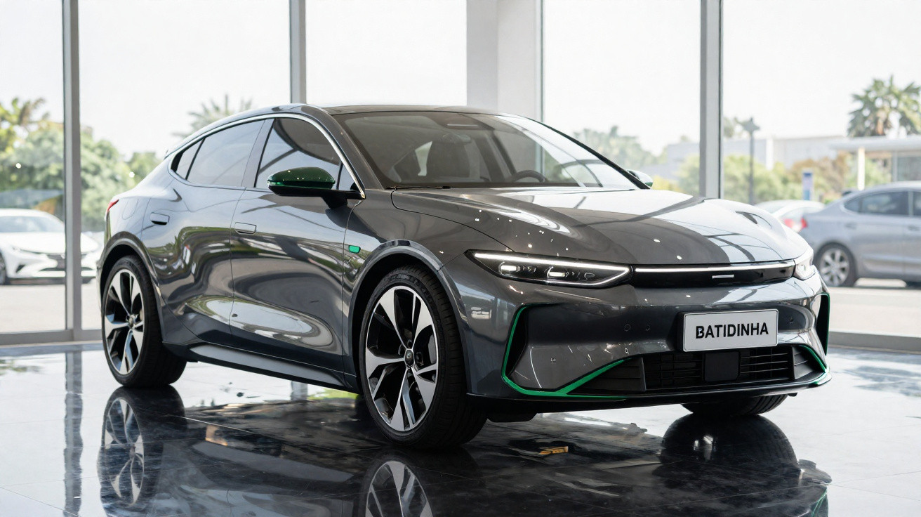 Carro elétrico cinza escuro com detalhes verdes, modelo Batidinha, em exposição numa sala iluminada.