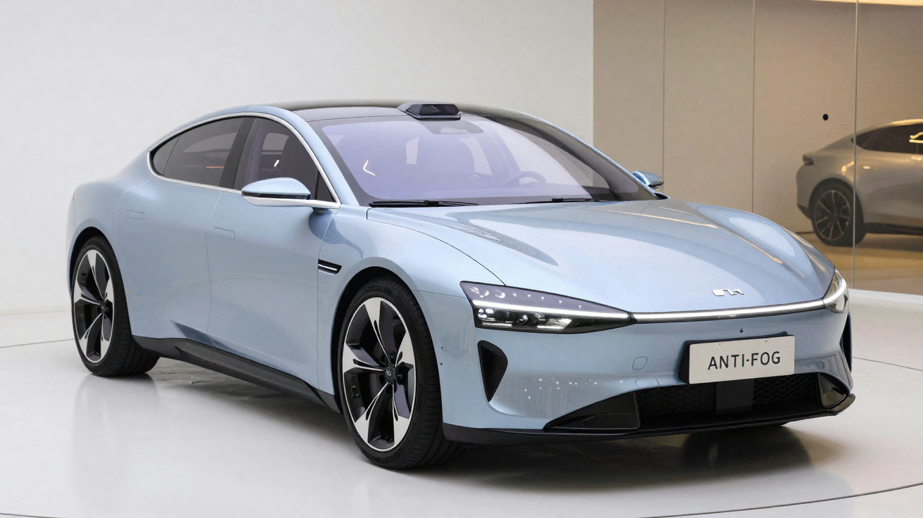 Carro elétrico moderno cinzento claro com design aerodinâmico e placa dianteira com texto "ANTI-FOG" num espaço interior.