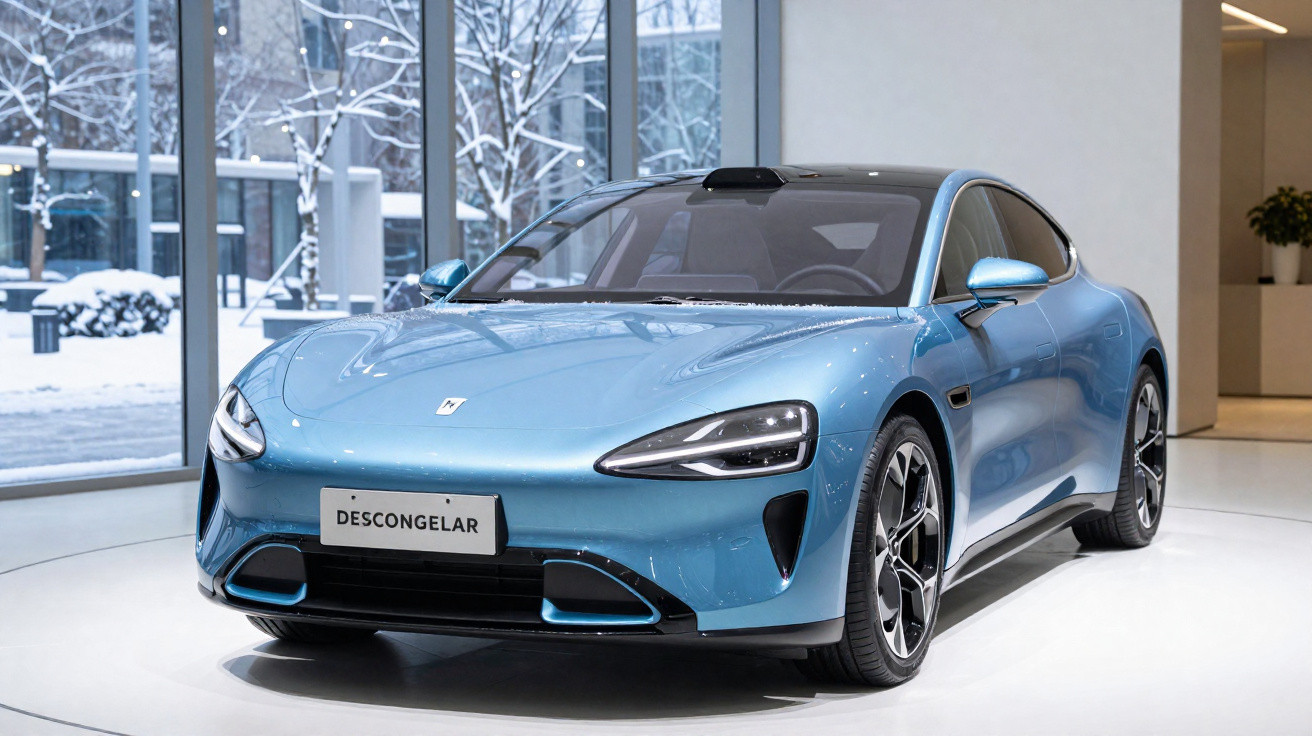 Carro desportivo elétrico azul exibido em showroom com janelas grandes e neve lá fora.