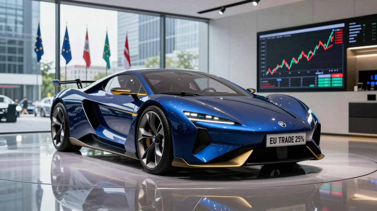 Carro desportivo azul exposto em sala com vidros grandes e bandeiras ao fundo, e ecrã com gráficos financeiros.