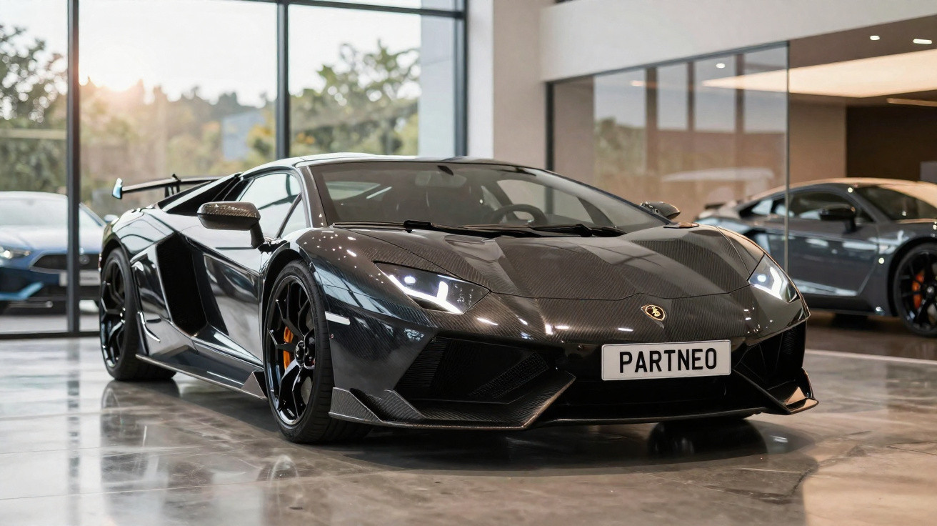 Carro desportivo preto com matrículas PARTNEO estacionado em showroom moderno com piso de cimento polido.