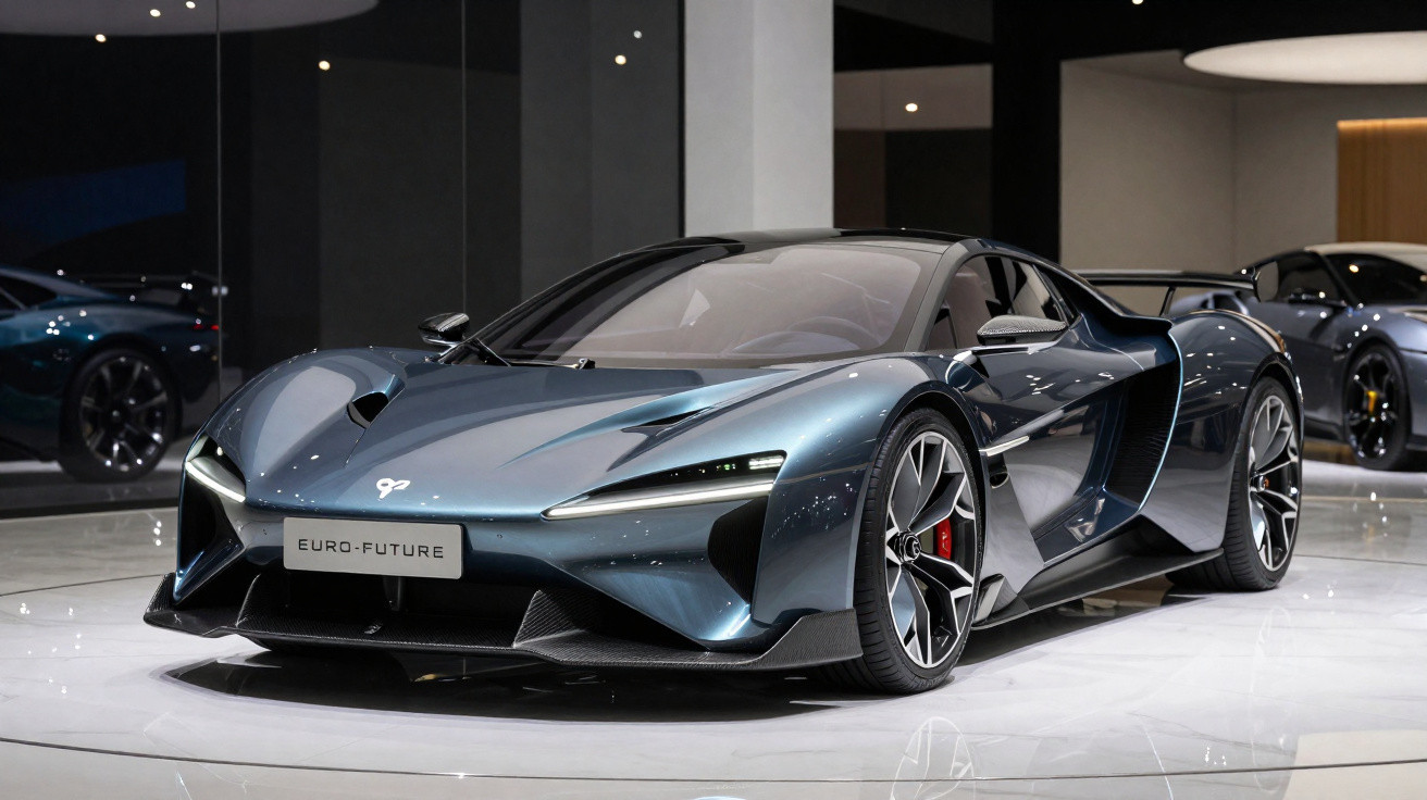Carro desportivo azul metálico Euro-Future exposto em showroom moderno com iluminação refletida no chão branco.
