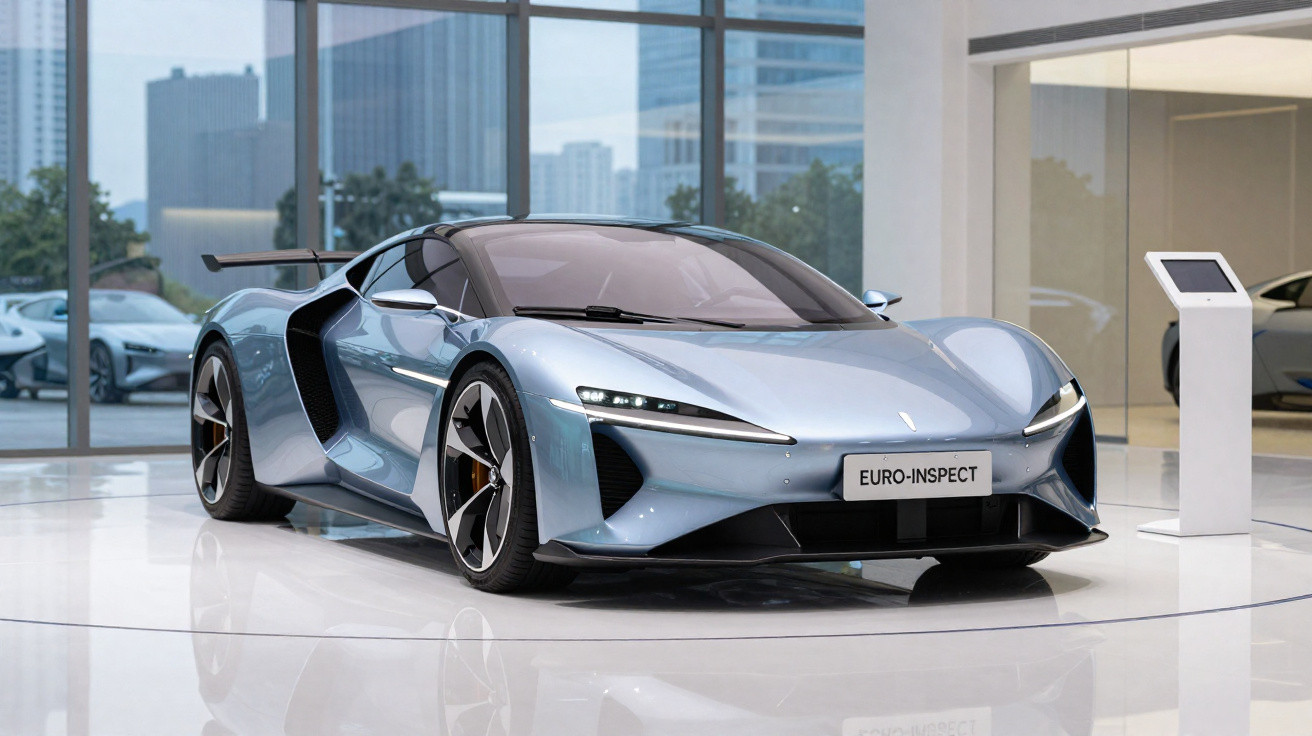 Carro desportivo azul metálico em exposição num showroom moderno com janelas grandes e vista urbana.