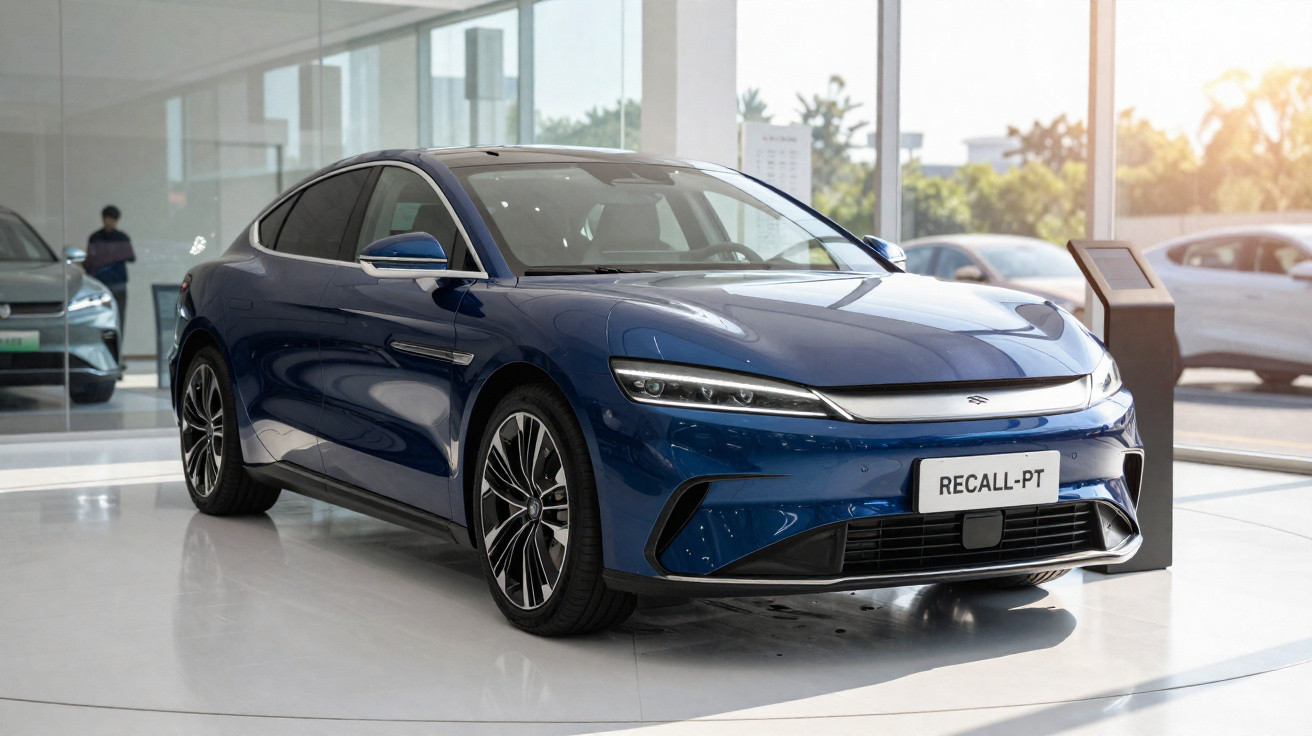 Carro eléctrico azul escuro exposto num salão moderno, com janelas amplas e piso branco brilhante.