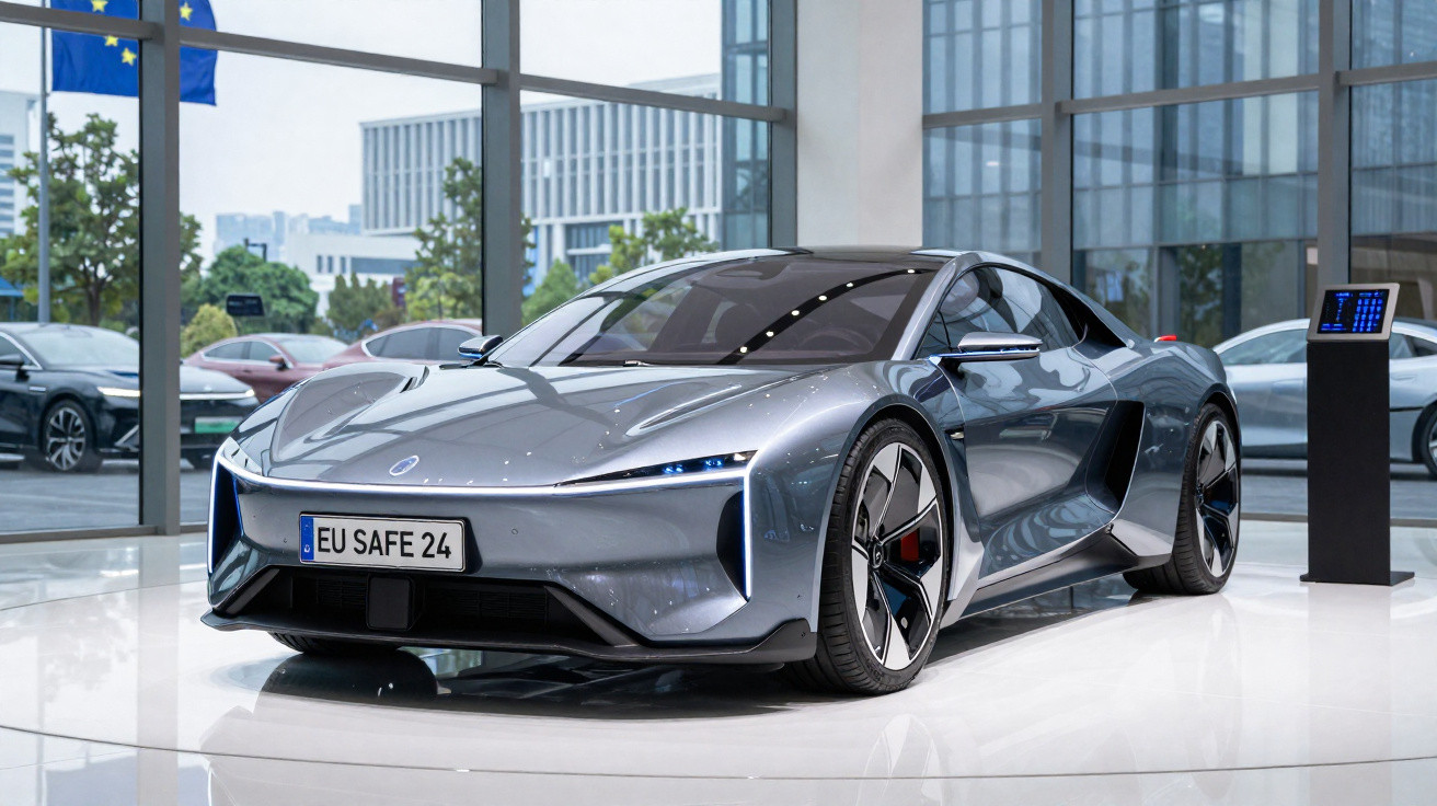 Carro desportivo eléctrico prateado com linhas futuristas em exposição numa sala moderna com janelas grandes.