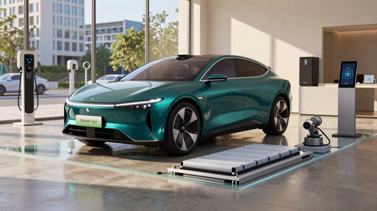 Carro elétrico verde a carregar numa estação moderna num espaço interior iluminado por luz natural.