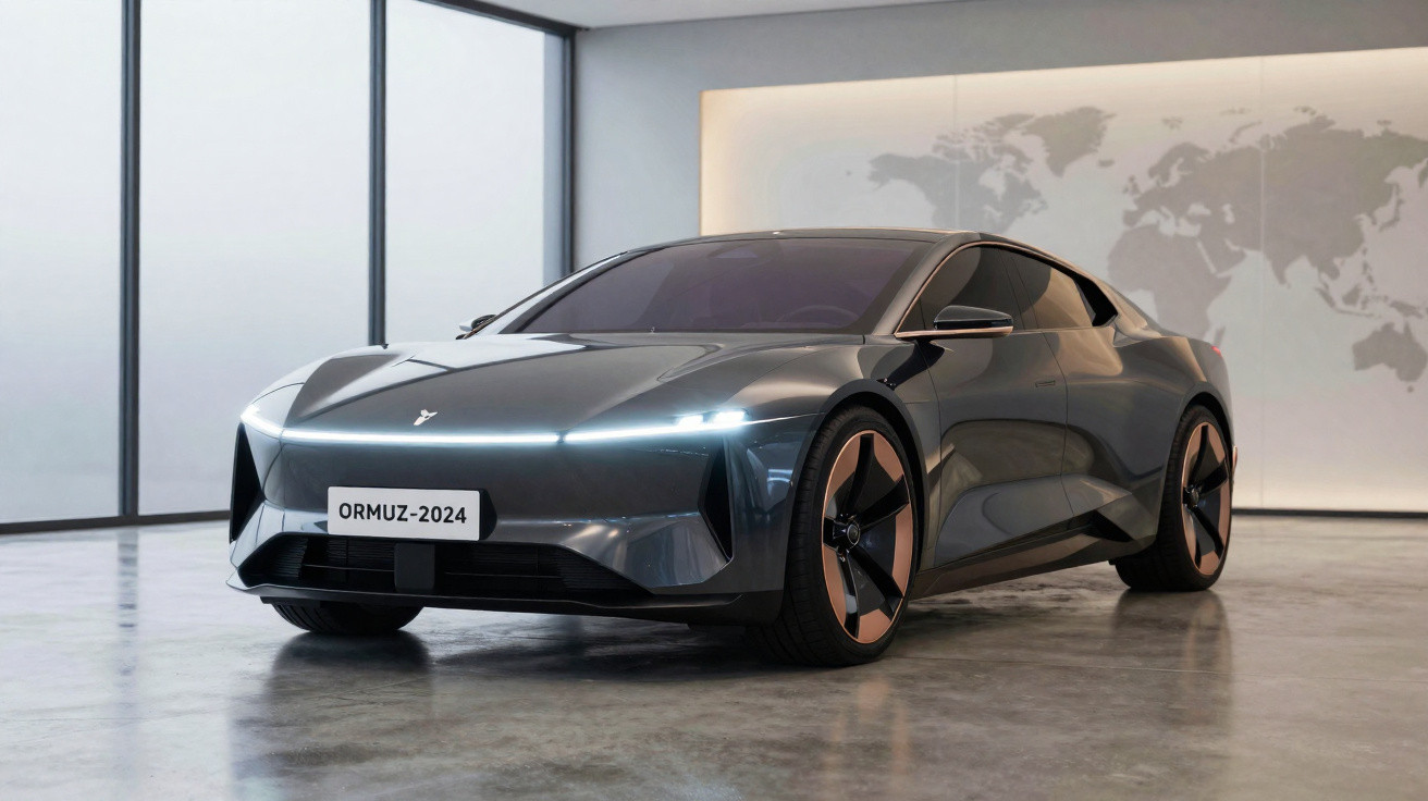 Carro desportivo elétrico cinza escuro com faróis LED finos num espaço minimalista interior com mapa mundial na parede.