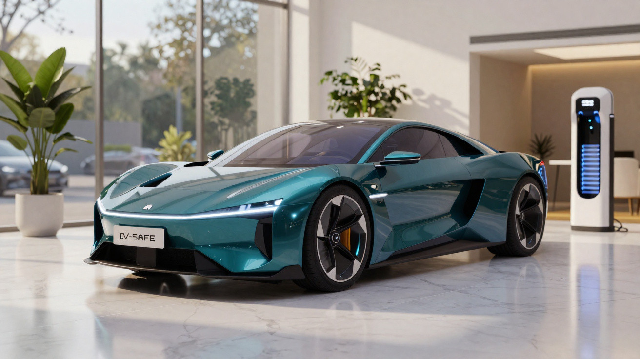 Carro desportivo elétrico verde metálico numa garagem moderna com carregador elétrico e plantas decorativas.