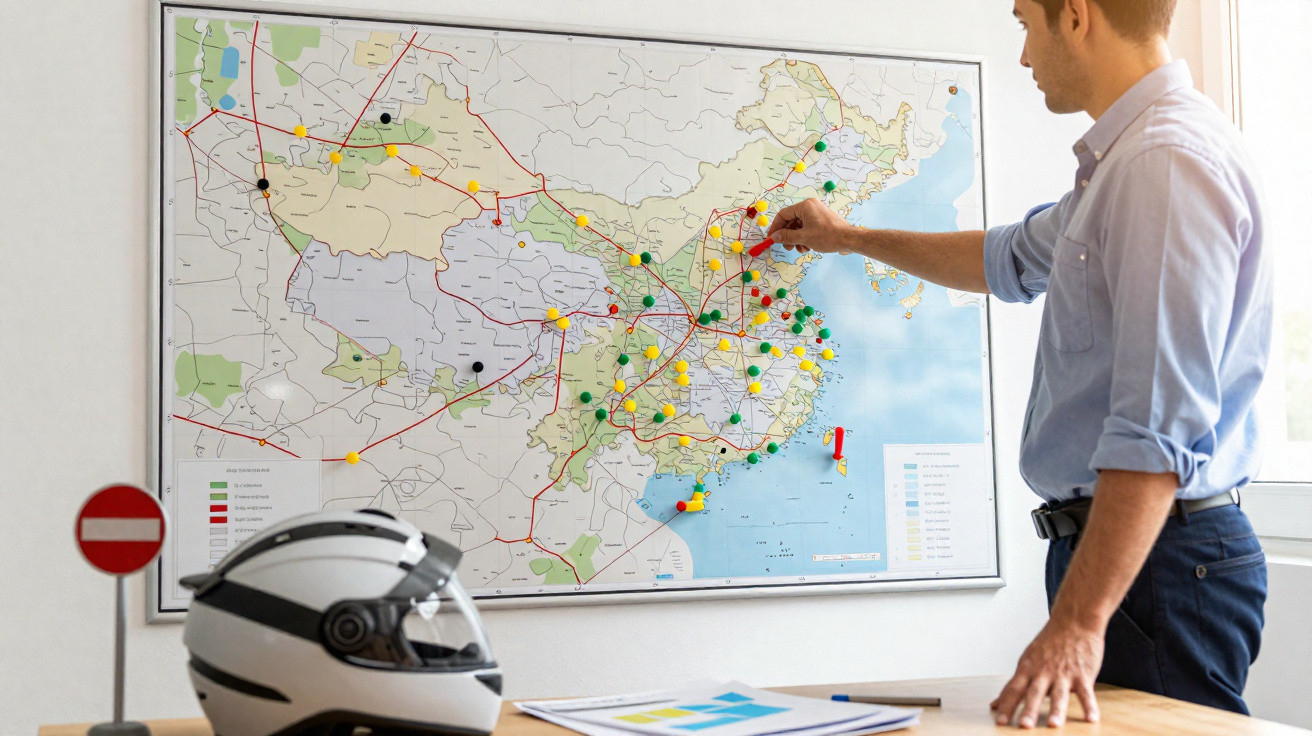 Homem a apontar um mapa com alfinetes coloridos numa sala com capacete e documentos na mesa.