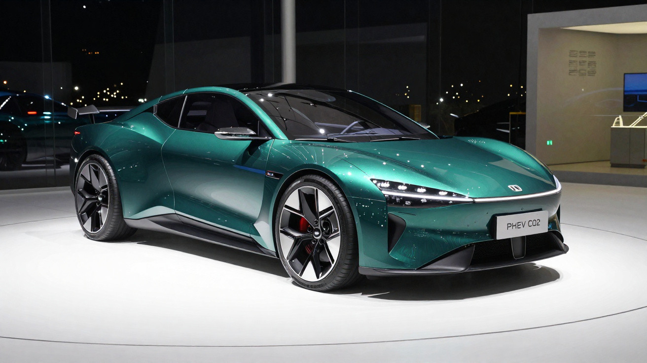 Carro desportivo elétrico verde metálico PHEV CO2 em exposição num ambiente moderno com iluminação noturna.