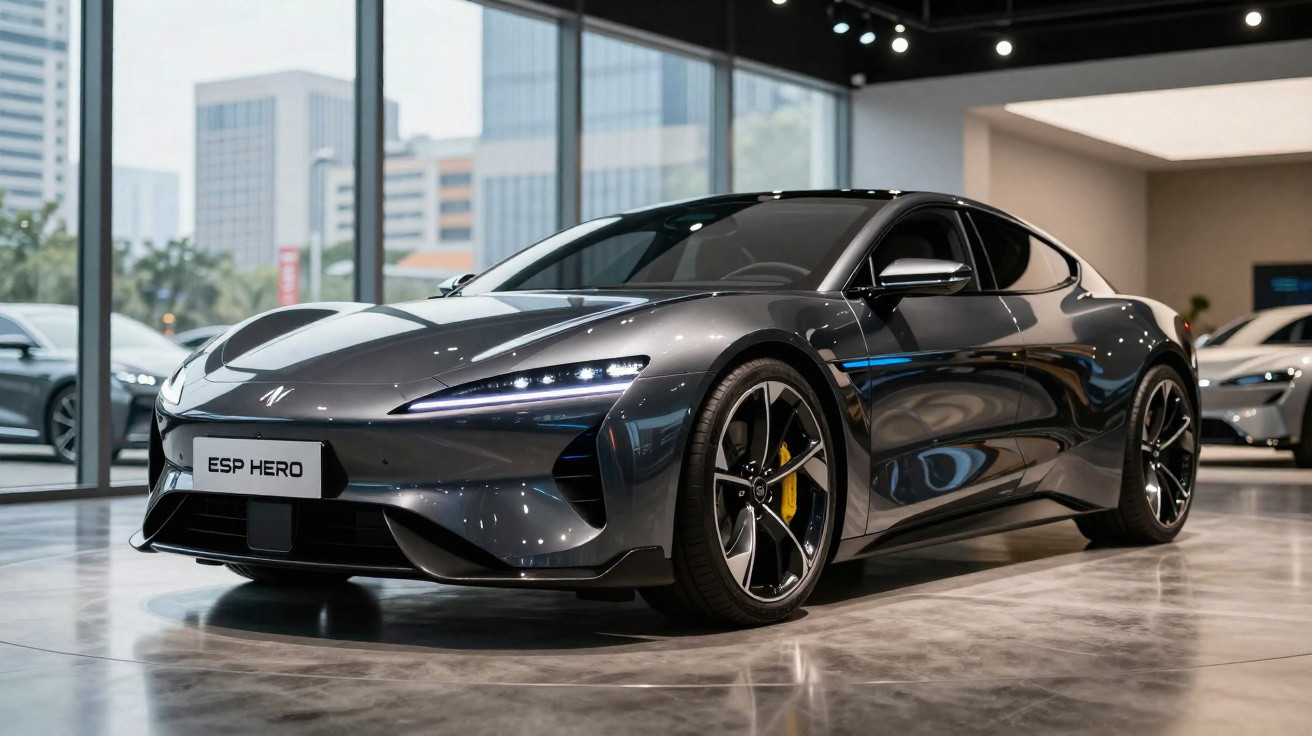 Carro desportivo cinzento com design aerodinâmico exposto num salão com grandes janelas.