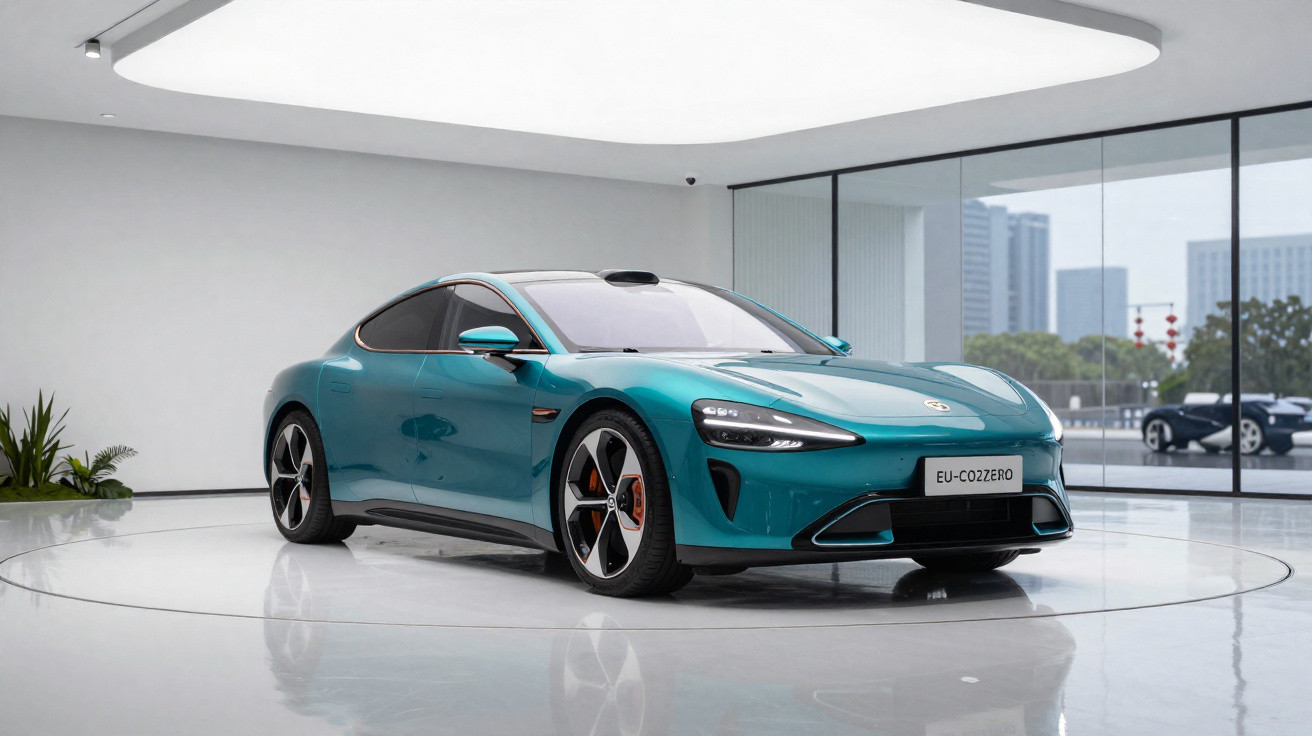 Carro desportivo eléctrico azul-metalizado estacionado em sala de exposição moderna com parede de vidro.