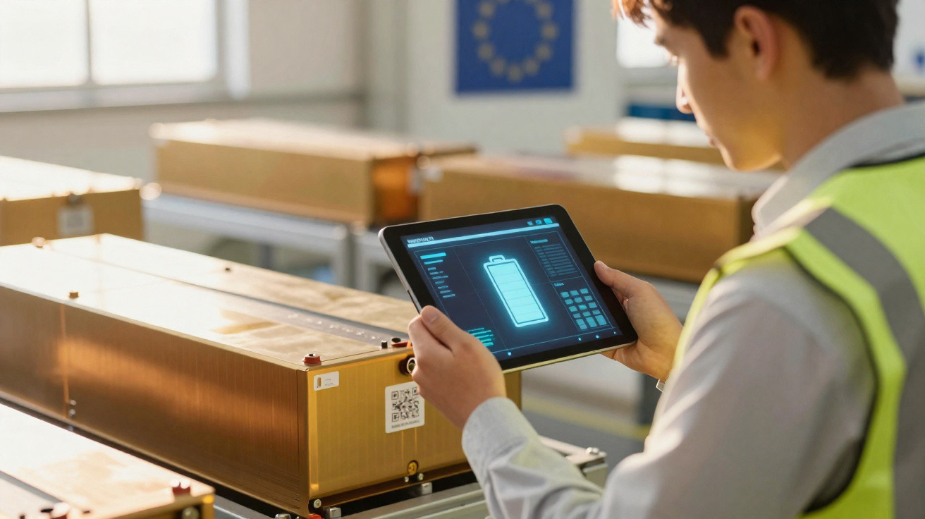 Homem com colete refletor a analisar bateria de grande porte numa fábrica usando tablet.