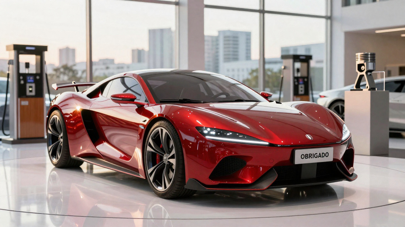 Carro desportivo vermelho brilhante em exposição numa sala moderna com janelas amplas e vista urbana.