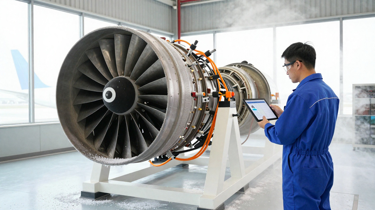 Engenheiro em azul a inspecionar motor de avião em laboratório com tablet na mão e vapor ao fundo.
