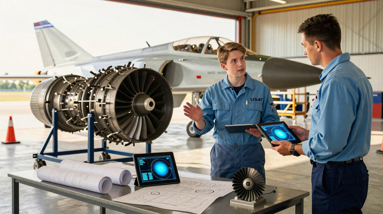Dois técnicos com macacão azul discutem projetos de engenharia aeronáutica em hangar com motor de avião e jato ao fundo.