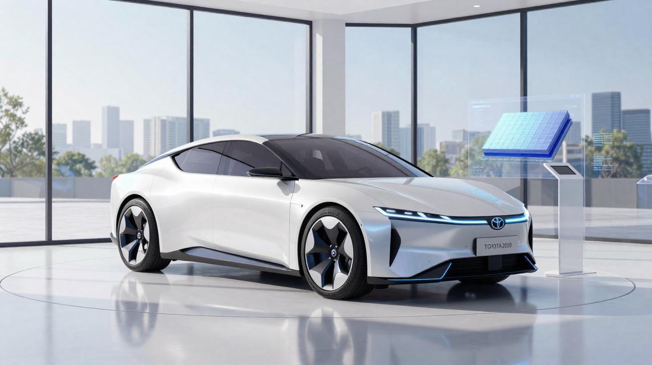 Carro elétrico moderno branco em exposição dentro de sala com janelas grandes e vista para cidade.