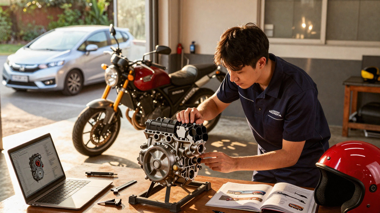 Homem a inspecionar um motor de moto numa oficina, com moto, capacete e computador à sua volta.