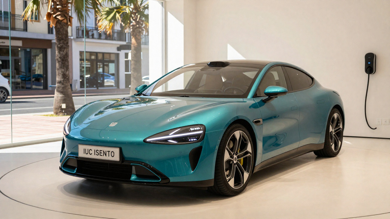 Carro elétrico desportivo azul exposto em sala moderna, a carregar na parede.