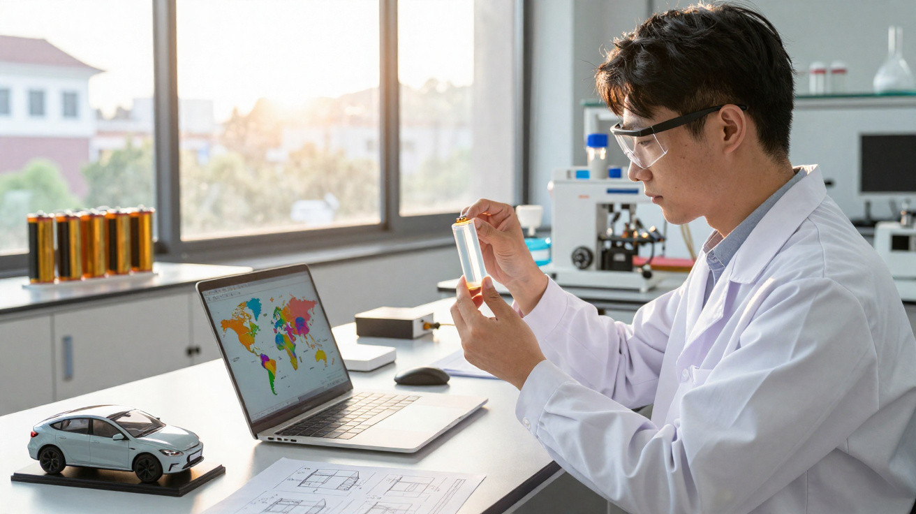 Cientista na laboratório a analisar uma célula de bateria com computador e miniatura de carro elétrico na mesa.