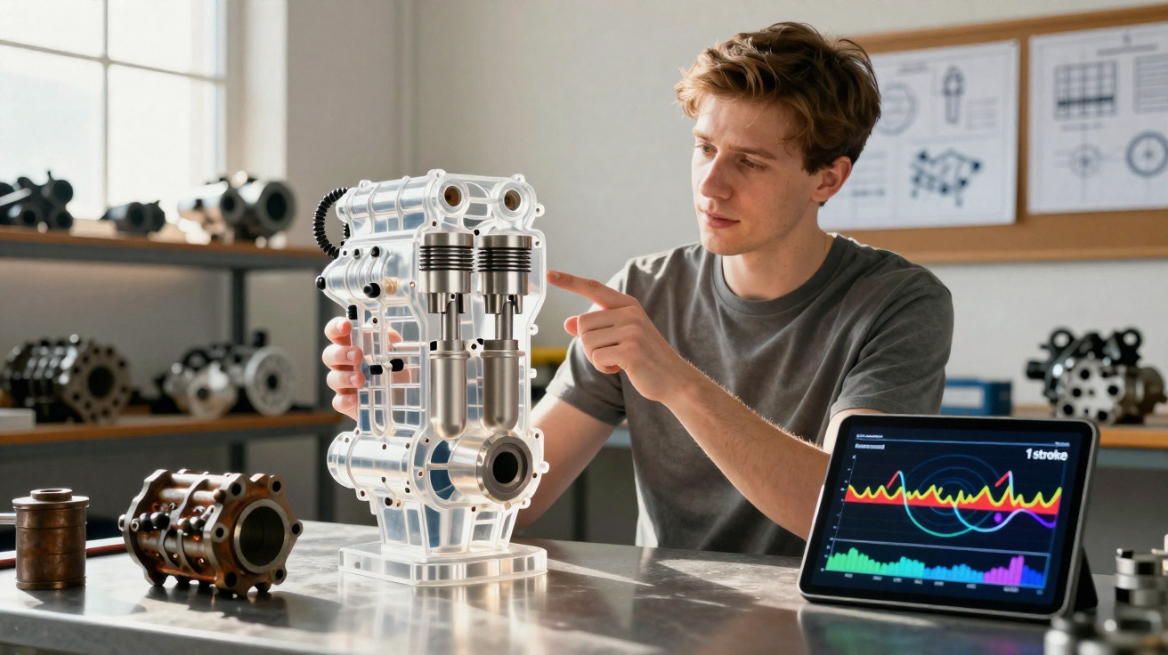 Jovem a analisar modelo transparente de motor num laboratório com tablet e peças mecânicas na mesa.