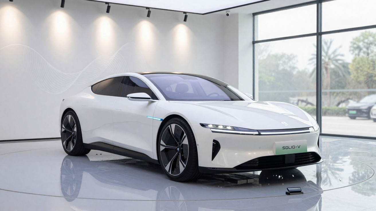 Carro elétrico branco moderno em exposição numa sala com grandes janelas e luzes no teto.