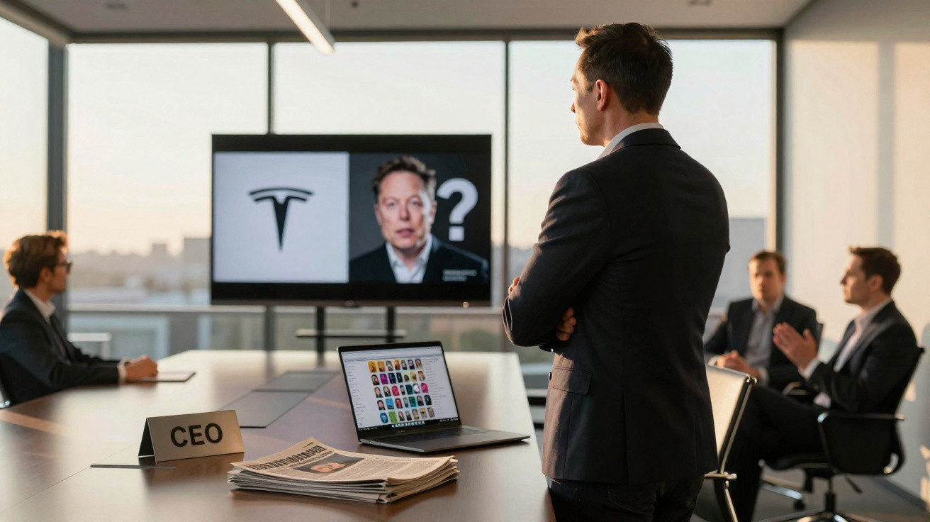 Reunião de negócios com quatro homens em terno, computador aberto e imagem de Elon Musk na tela com logo Tesla.