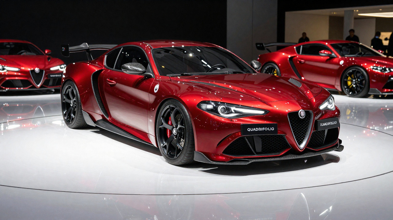 Carro desportivo Alfa Romeo Quadrifoglio vermelho em exposição com design aerodinâmico e rodas pretas.