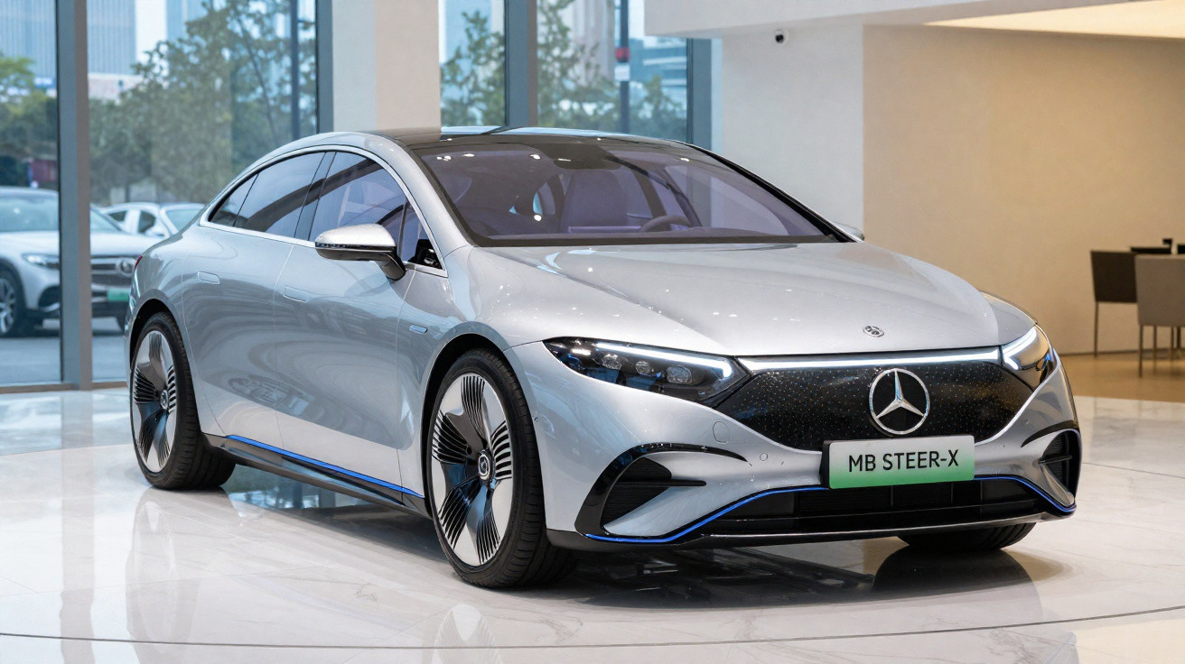 Carro elétrico Mercedes-Benz prata MB STEER-X em exposição numa sala moderna com janelas grandes.