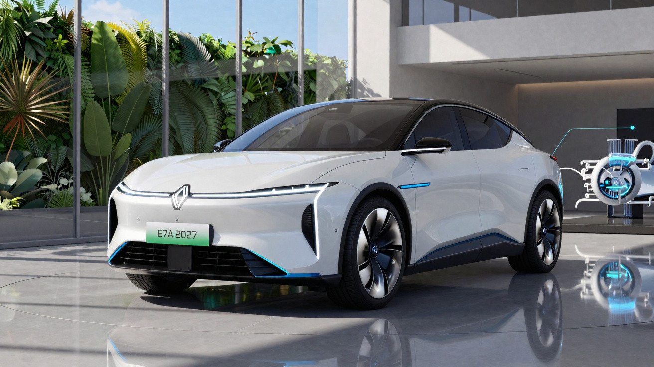 Carro elétrico branco moderno estacionado num showroom com plantas verdes atrás e representação digital ao fundo.