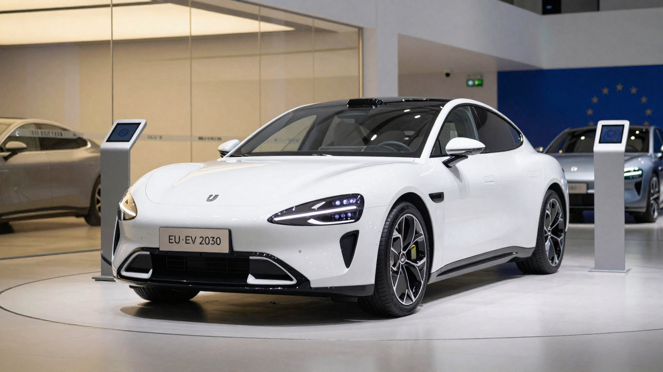Carro elétrico branco moderno exposto em salão com iluminação suave e outros veículos ao fundo.