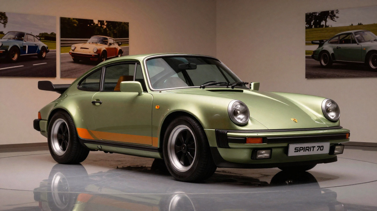 Carro desportivo clássico Porsche Spirit 70 verde com faixa laranja exposto numa sala de museu.