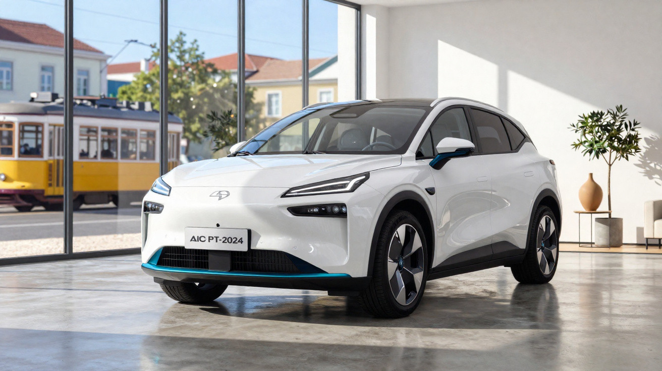 Carro elétrico branco AIC PT-2024 estacionado em showroom com janelas grandes e eléctrico amarelo ao fundo.
