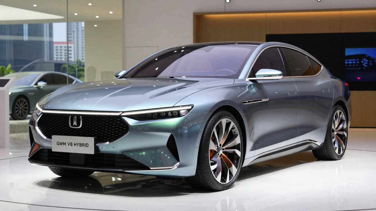 Carro elétrico cinzento metalizado GWM V8 Hybrid em exposição num salão moderno.