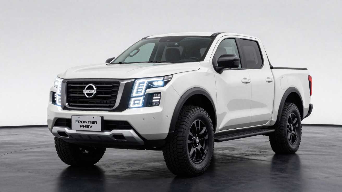 Pick-up Nissan Frontier PHEV branca estacionada, vista frontal inclinada, fundo cinza claro.