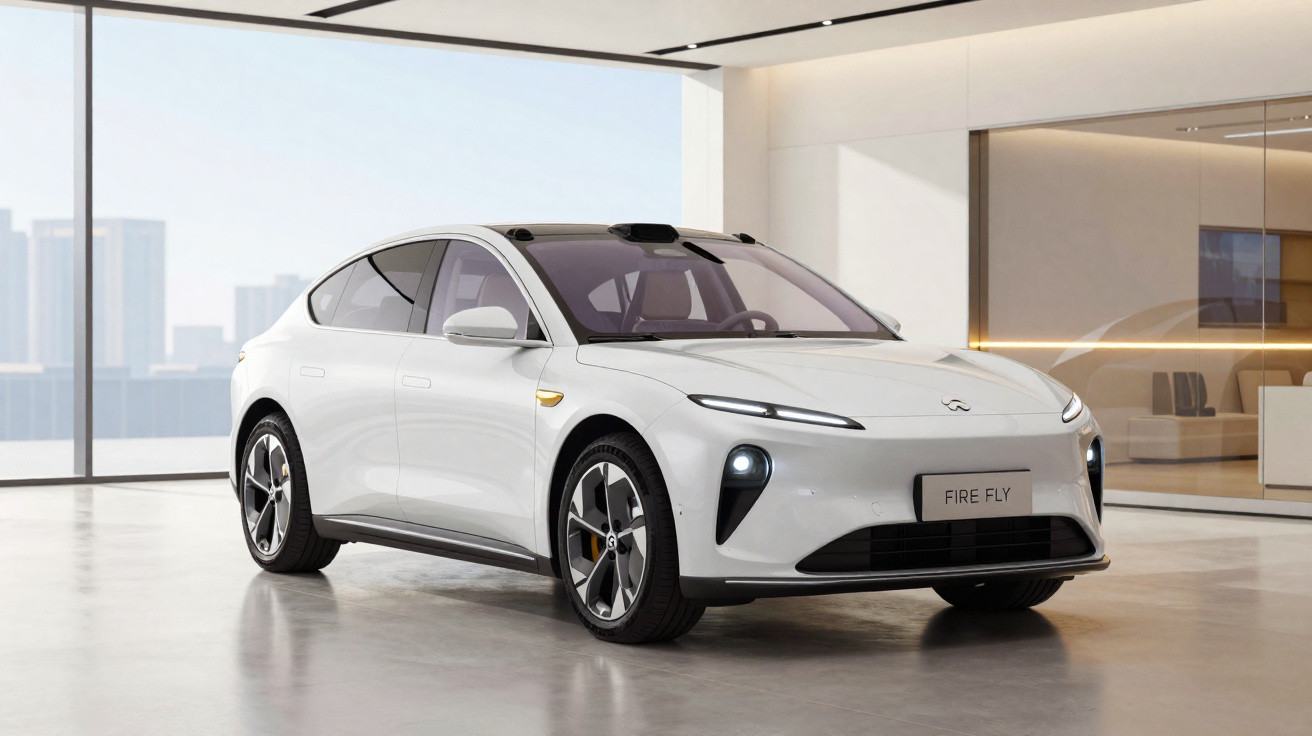 Carro elétrico branco moderno estacionado num espaço interior com janelas amplas e vista urbana ao fundo.