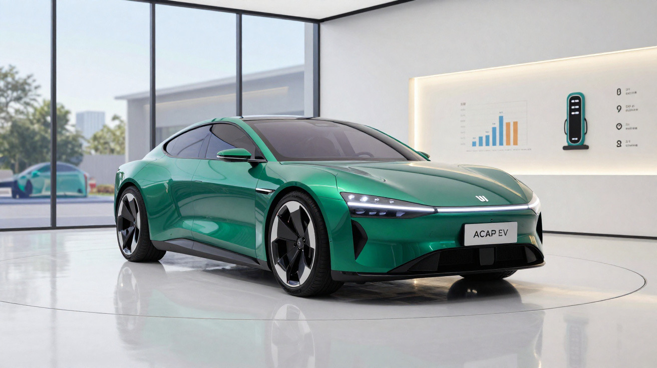 Carro elétrico desportivo verde num showroom moderno com grandes janelas e gráficos na parede.
