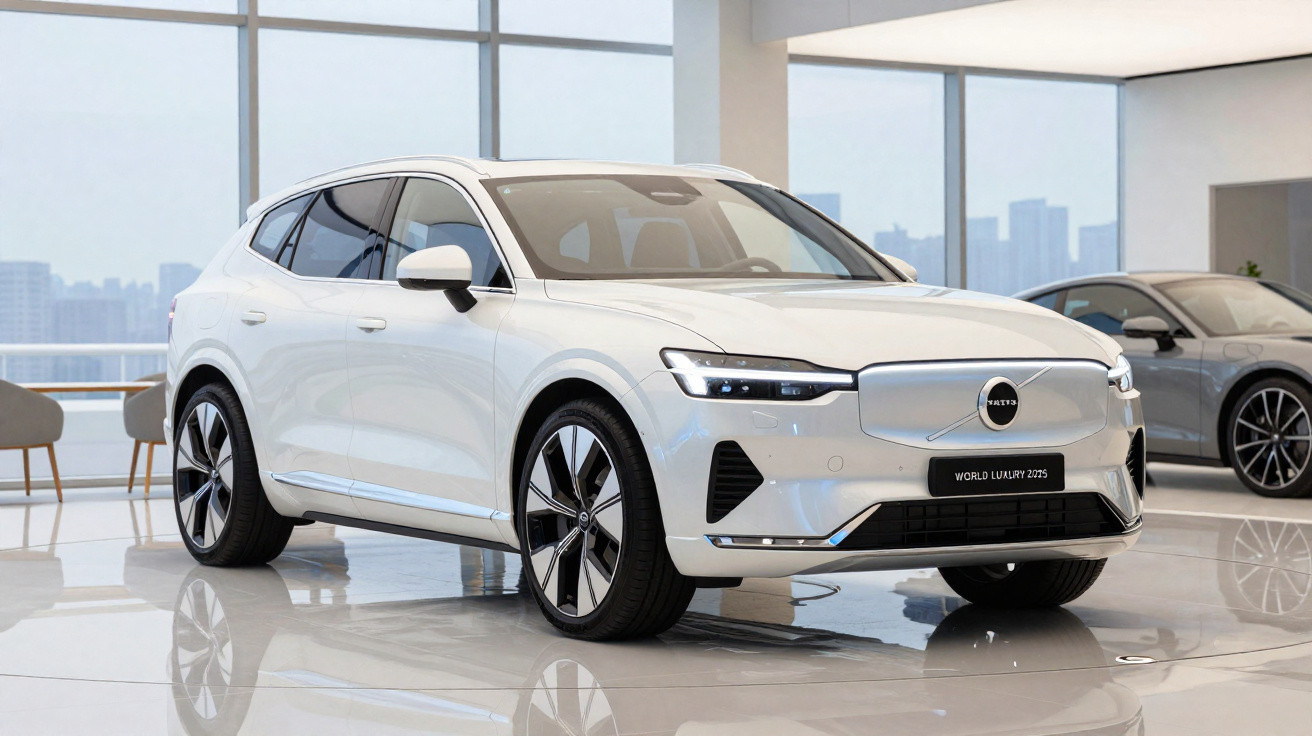 Carro elétrico Volvo branco exposto em salão moderno com grandes janelas e chão brilhante.